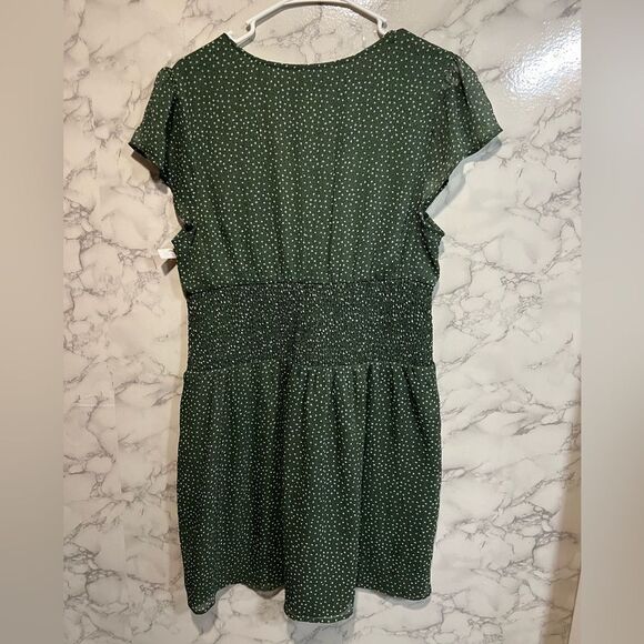 NEW Nordstrom BP Olive Green Print V-Neck Mini Dress Smocked Waist Cap Sleeve L - Picture 6 of 6